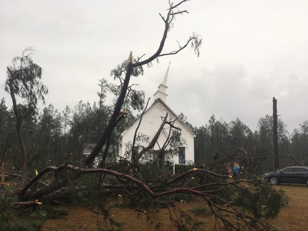 Fallen trees sit near Zoar United Methodist Church that sustained damage to its steeple Sunday, Jan. 22, 2017, near Baxley, Georgia. The National Weather Service said Sunday that southern Georgia, northern Florida and the corner of southeastern Alabama could face 