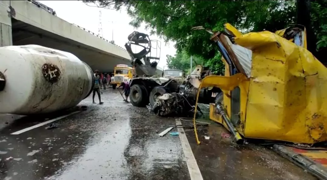 Concrete mixer truck fell down from overbridge in Vadodara