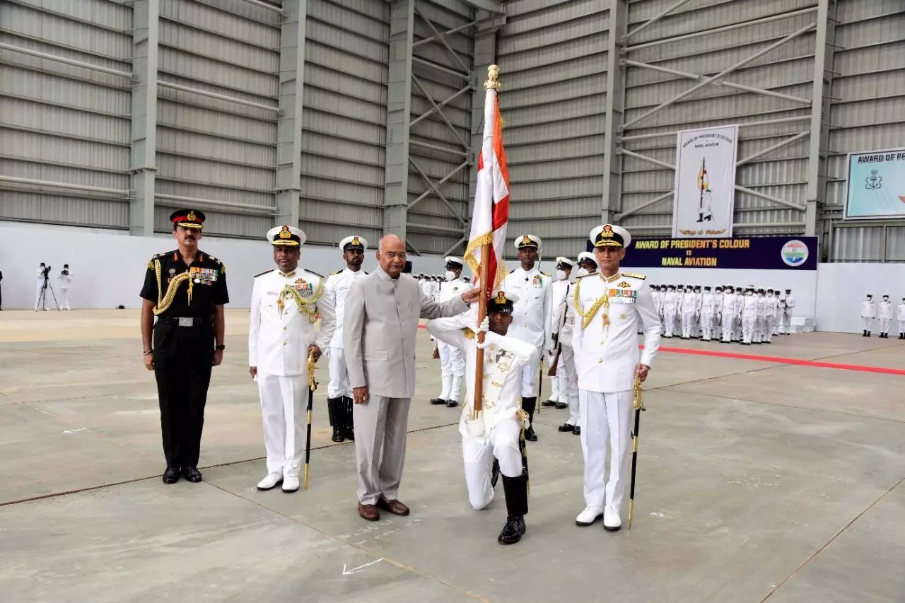 President Ram Nath Kovind, presented the Presidents Colour to Indian Naval Aviation at INS Hansa, Goa
