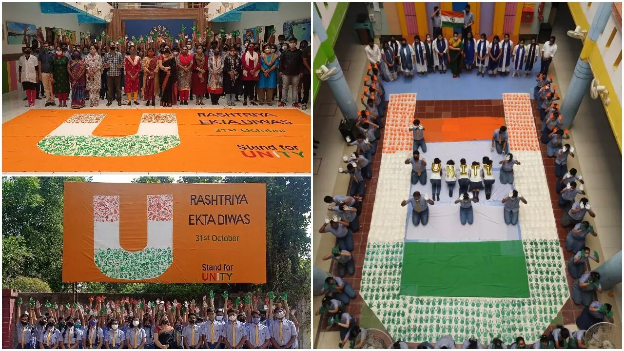 Podar World Schools students celebrate National Unity Day by making a huge cut-out with the message U for Unity