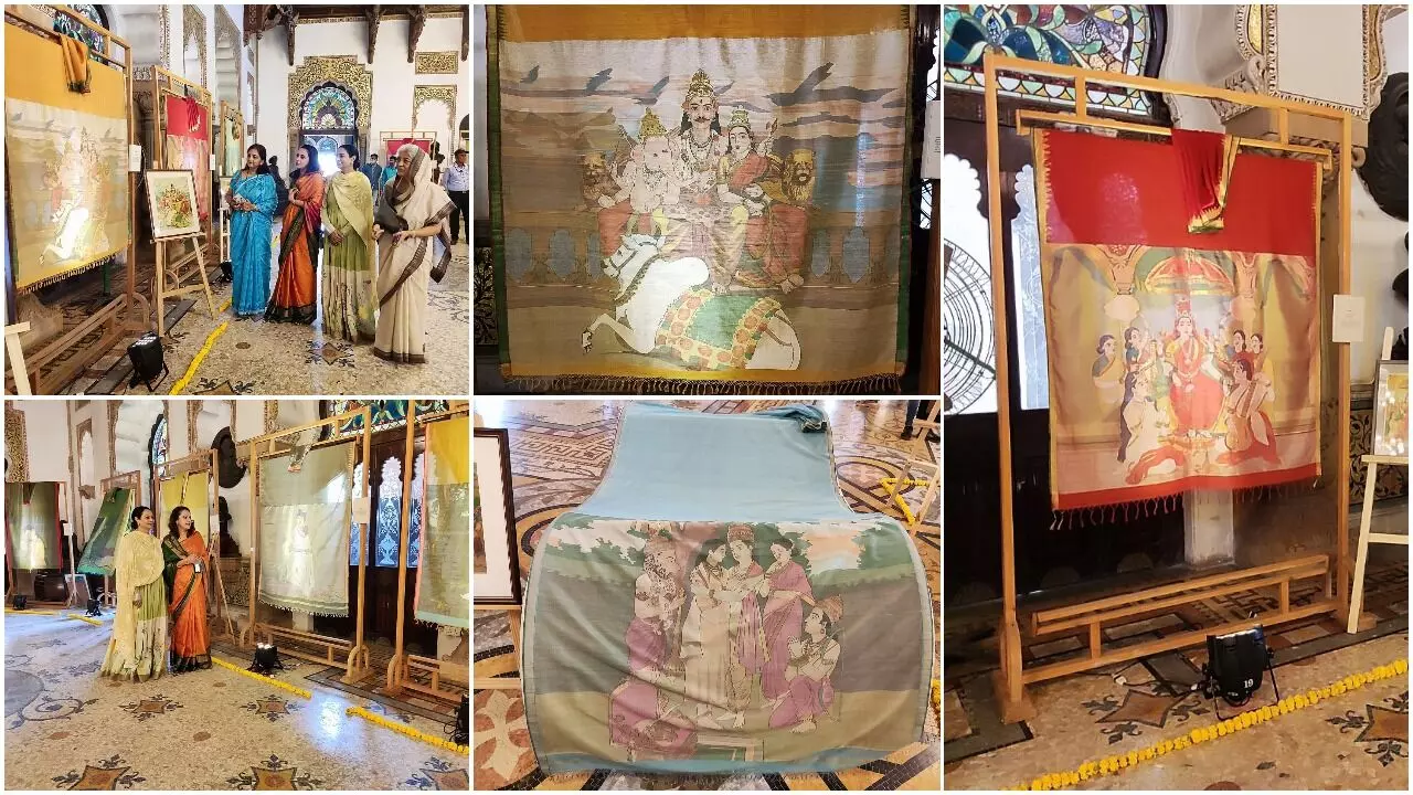 Exhibition of 34 paintings of Raja Ravi Varma on pallus of hand woven saris at Darbar Hall