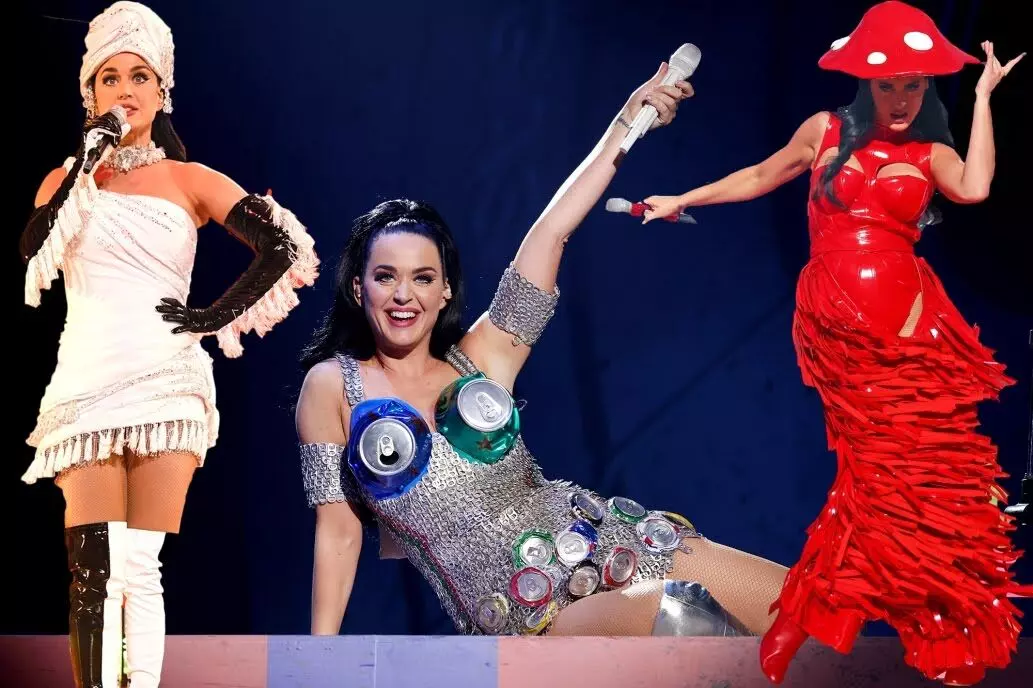 Katy Perrys wild look at Las Vegas show, served up outrageous outfits from a can-dress to a feathered rainbow train