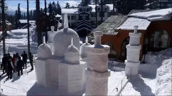 The snow sculpture of the Taj Mahal has become a new tourist attraction in Gulmarg, J&K