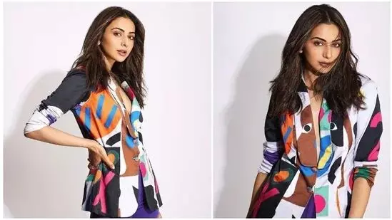 Rakul Preet keeps it fashionable this spring in oversized multi-coloured blazer, bootcut trousers