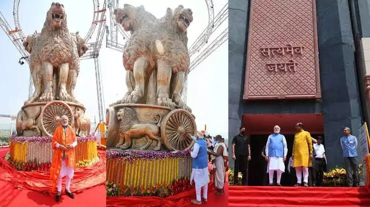 PM Modi unveils National Emblem cast on the roof of New Parliament Building