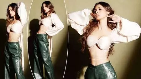 Mouni Roy flaunts her on point fashion game in a pink satin crop top and green leather pants