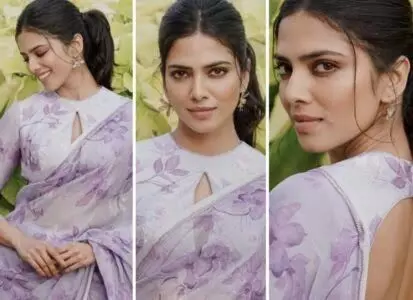 Malavika Mohanan aces spring fashion in beautiful lilac floral saree for Christy promotions