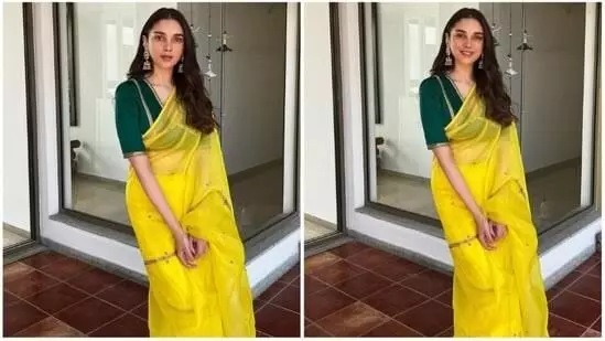 Aditi Rao Hydari is elegance personified in yellow organze saree, green blouse