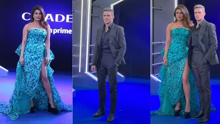 Priyanka Chopras blue gown for Citadel promotions with Richard Madden