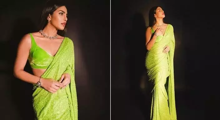 Priyanka Chopra in a bright green Sabyasachi saree