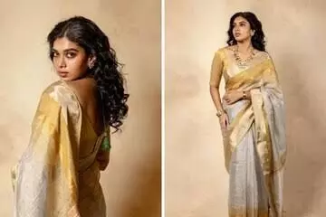 Dushara Vijayan gives major traditional fashion goals in mustard yellow and grey silk saree
