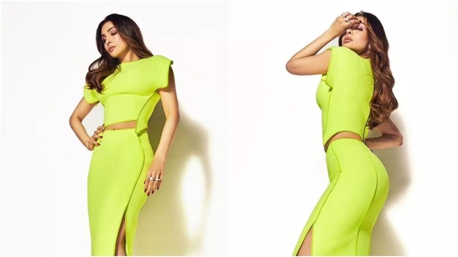 Malaika Arora looks stunning in neon green cropped blouse and skirt outfit