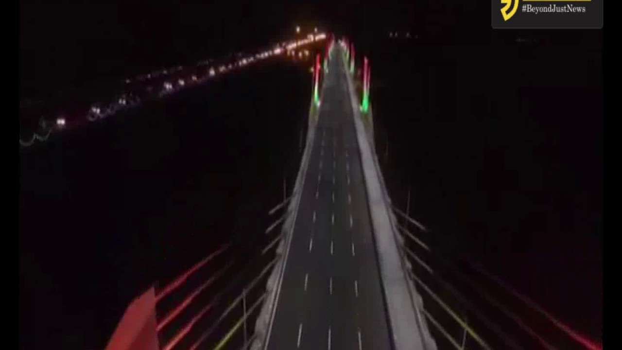 Night view of new cable bridge in Bharuch