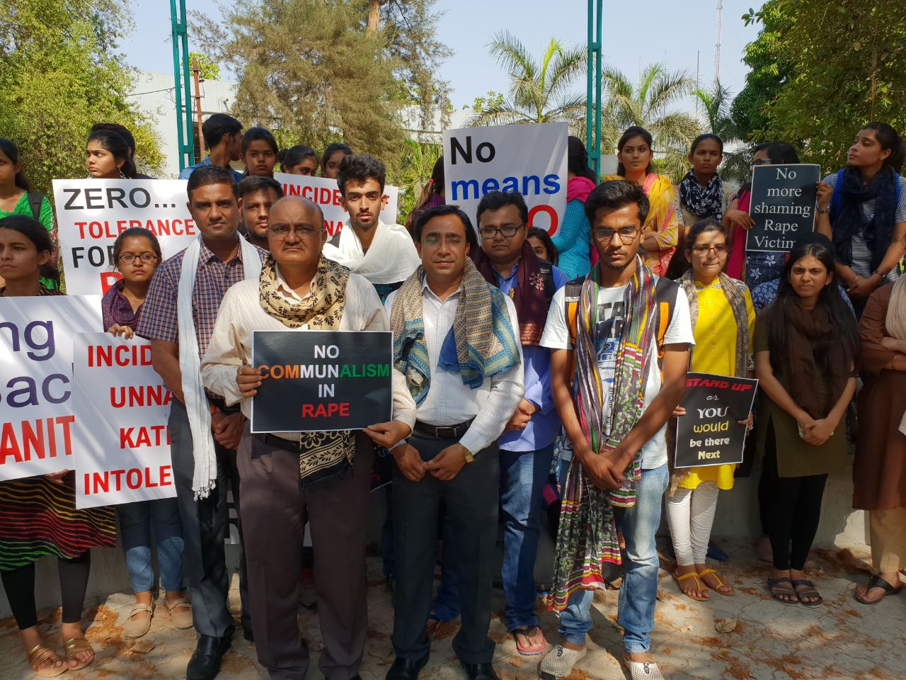 MSW male students wear dupattas in protest against the politics on Unnao and Kathua incidents