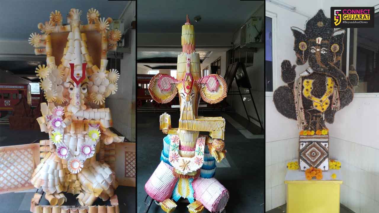Art teacher of a Vadodara school made Ganesha idols with Jaggery, paper cups
