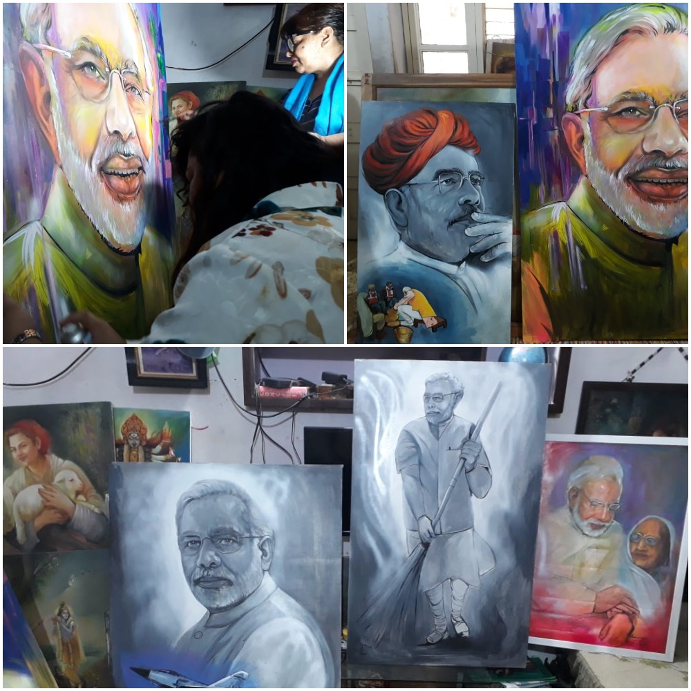 Mother daughter duo in Vadodara prepared life-size portraits of Narendra Modi