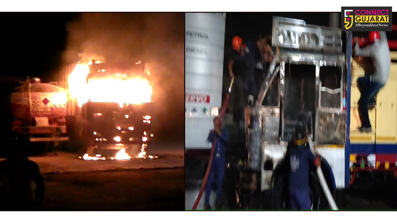 Truck loaded with cylinders caught fire at Vadodara Savli road