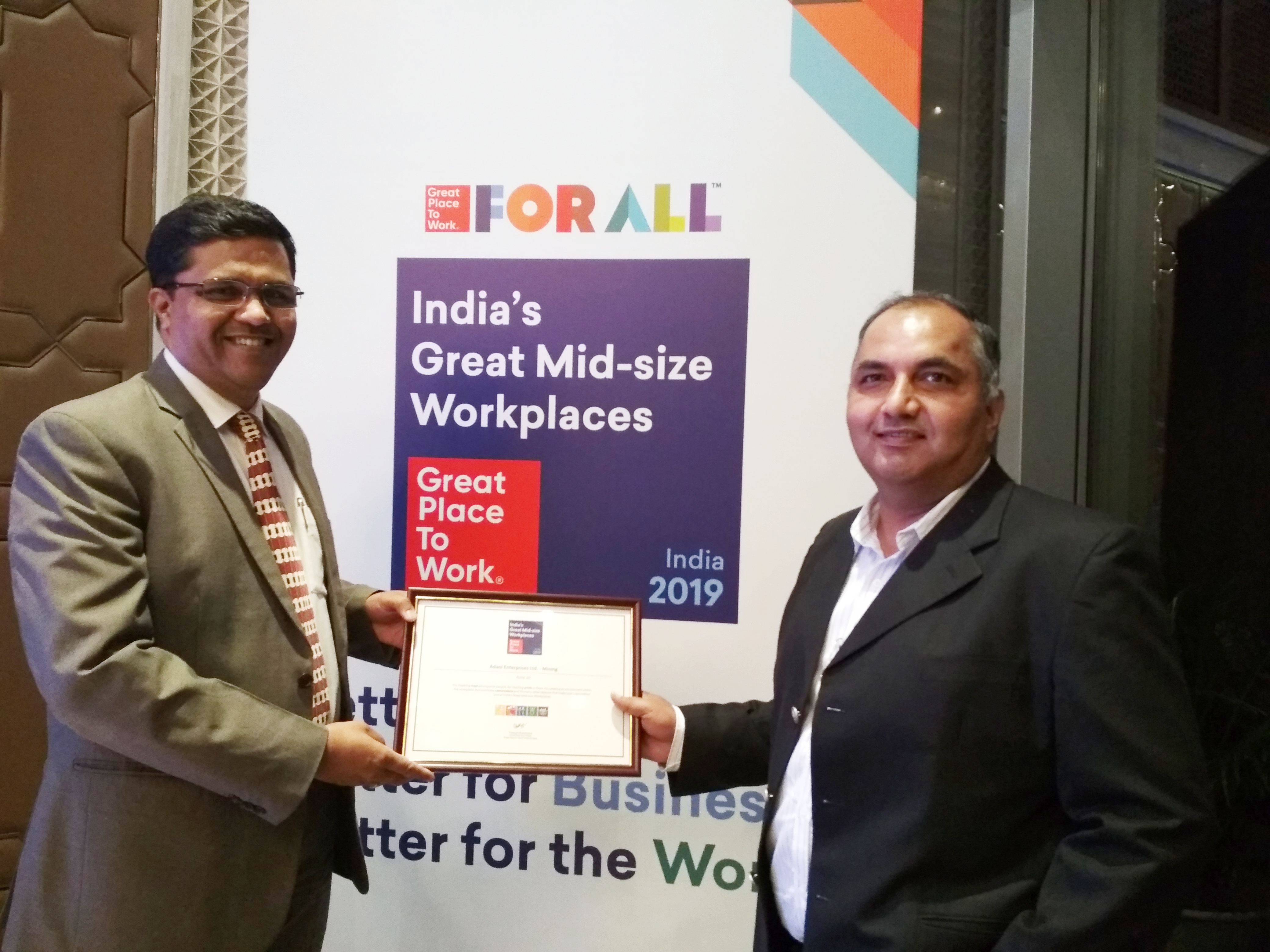 Adani Enterprises-Mining once again recognized amongst Top 50 Great Mid-size Workplaces in India by Great Place to Work® Institute