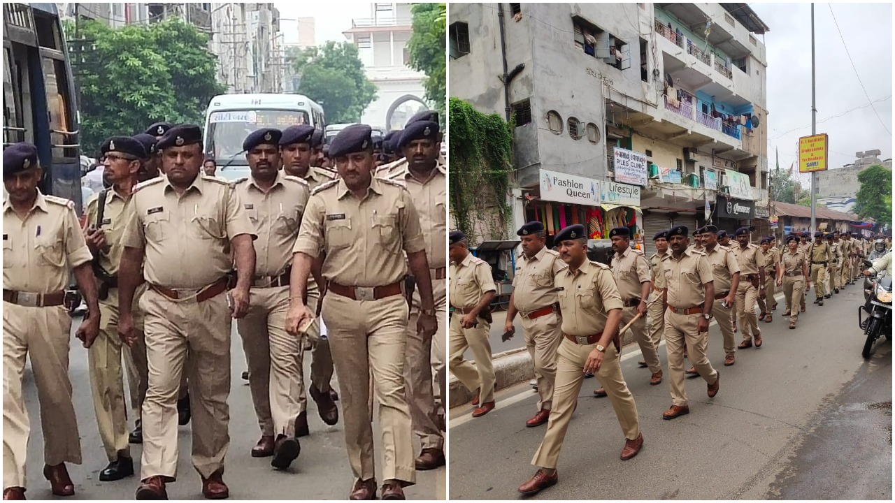 Footmarch patrolling by Vadodara police in city police station area in view of Rathyatra