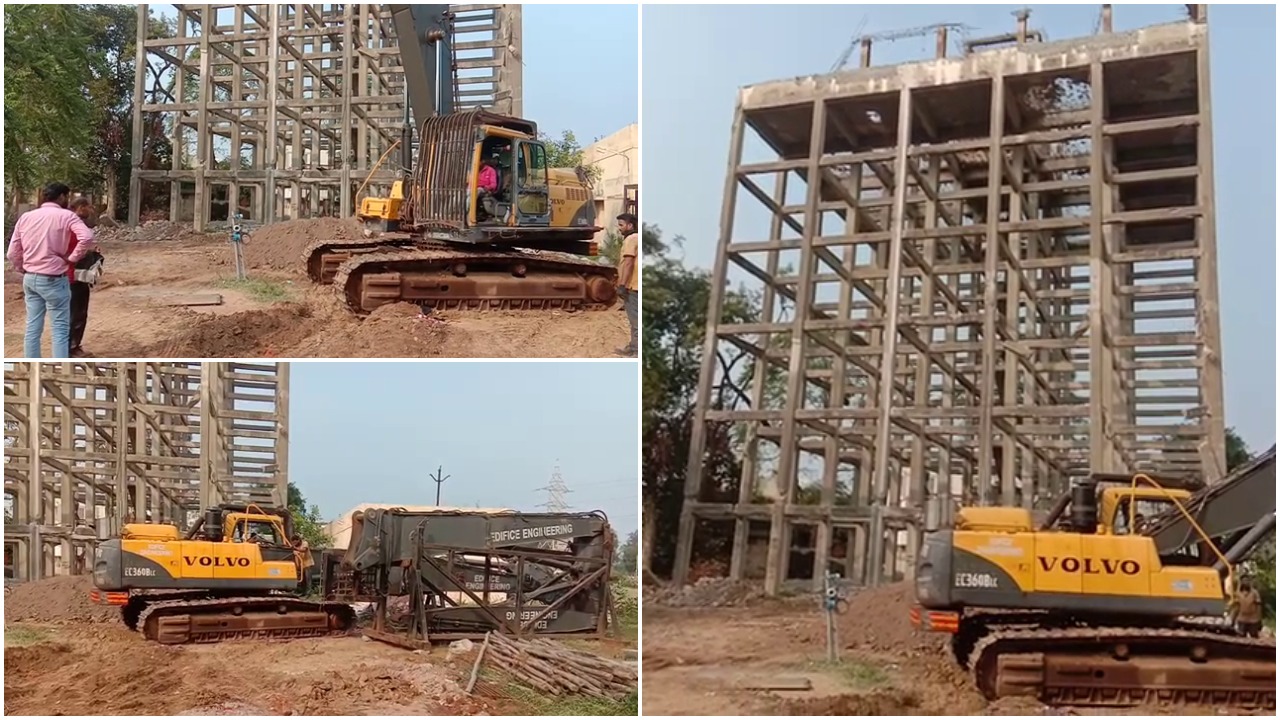 VMSS brought caterpillar machine from Mumbai to demolish overhead water tank at Chhani