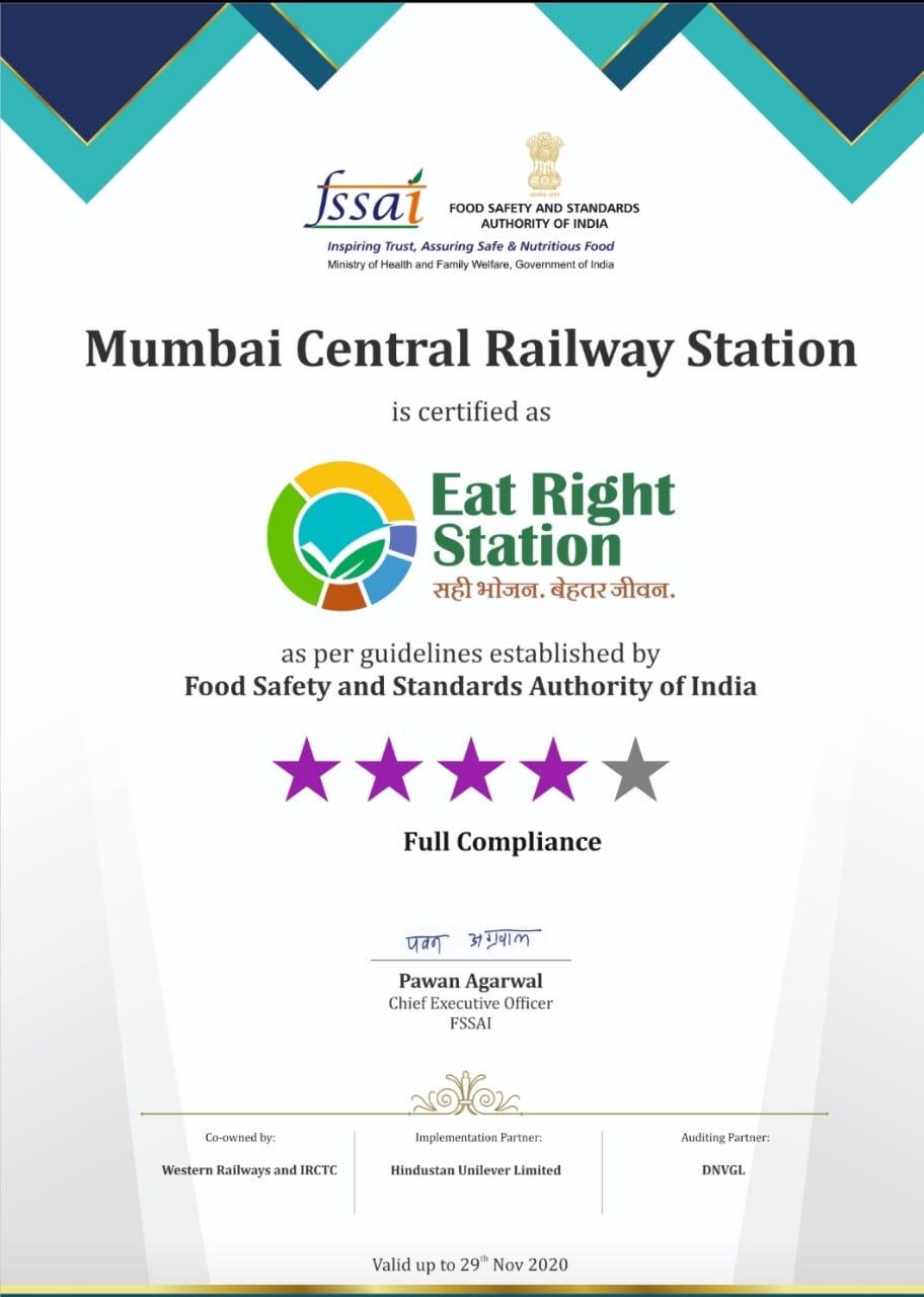 Mumbai Central station conferred with India’s first “Eat Right Station” certification