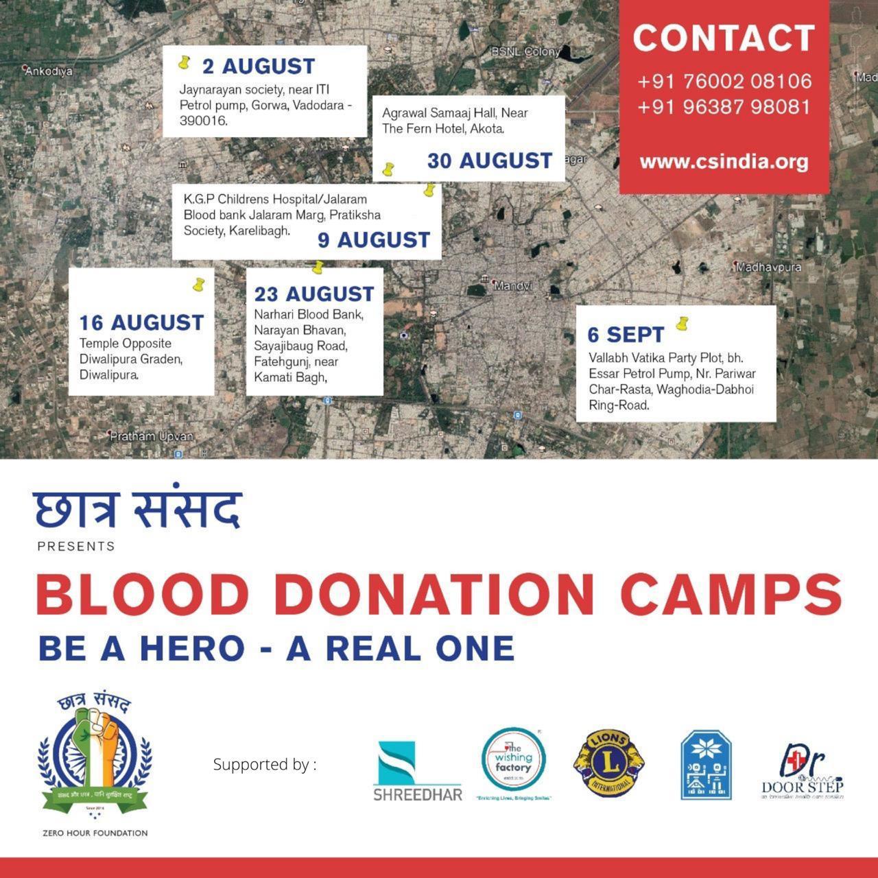 Blood donation camps by Chhatra Sansad at various locations in Vadodara