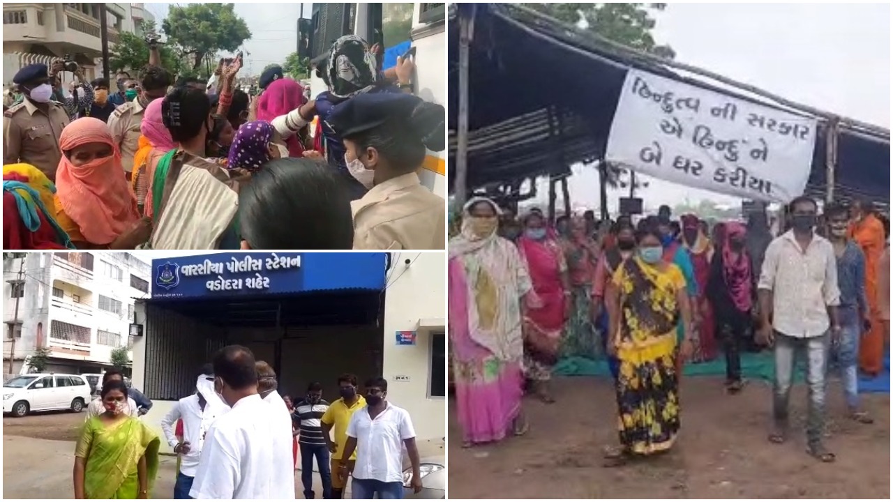 Displaced Sanjaynagar residents protest against the administration after detained by the Vadodara police