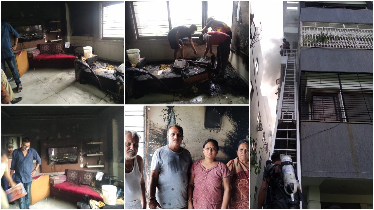 Vadodara fire brigade rescued a family after fire spread inside their flat