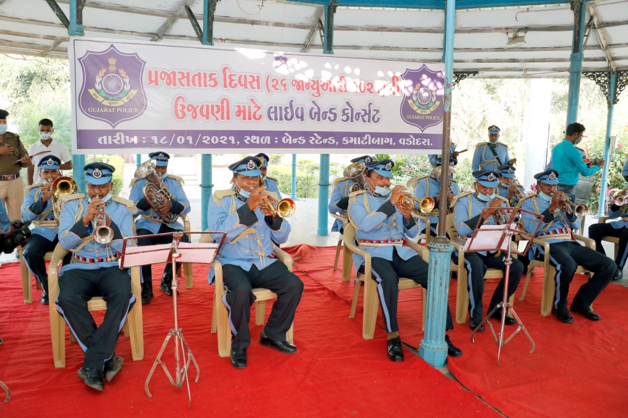 Police band play patriotic songs at Sayajibaug Band Stand on Monday