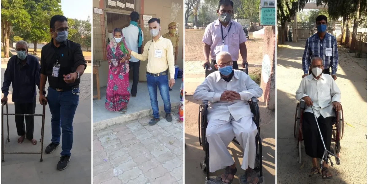 Volunteers help elderly and other voters in casting their votes in Vadodara