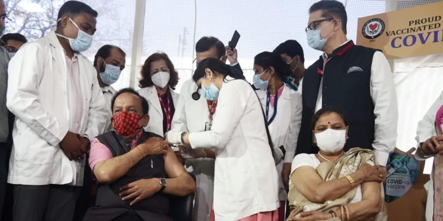 Union health minister Harsh Vardhan gets his first Covid vaccine shot in Delhi