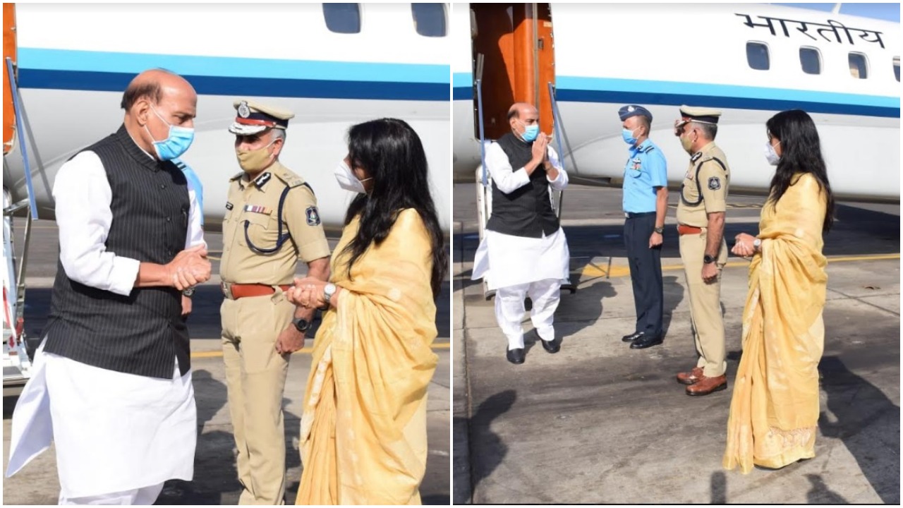 Defence Minister welcomed by District Collector and senior officers of the Army and Police at Vadodara airport