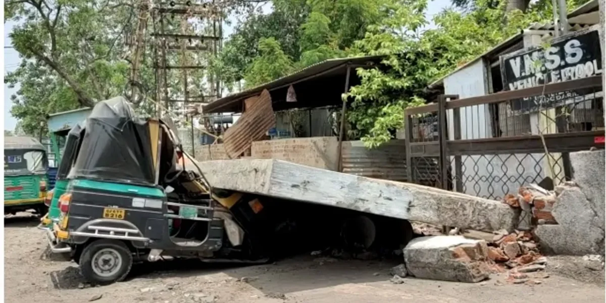 Vehicles and cabins damaged in wall collapse at corporation vehicle pool in Vadodara