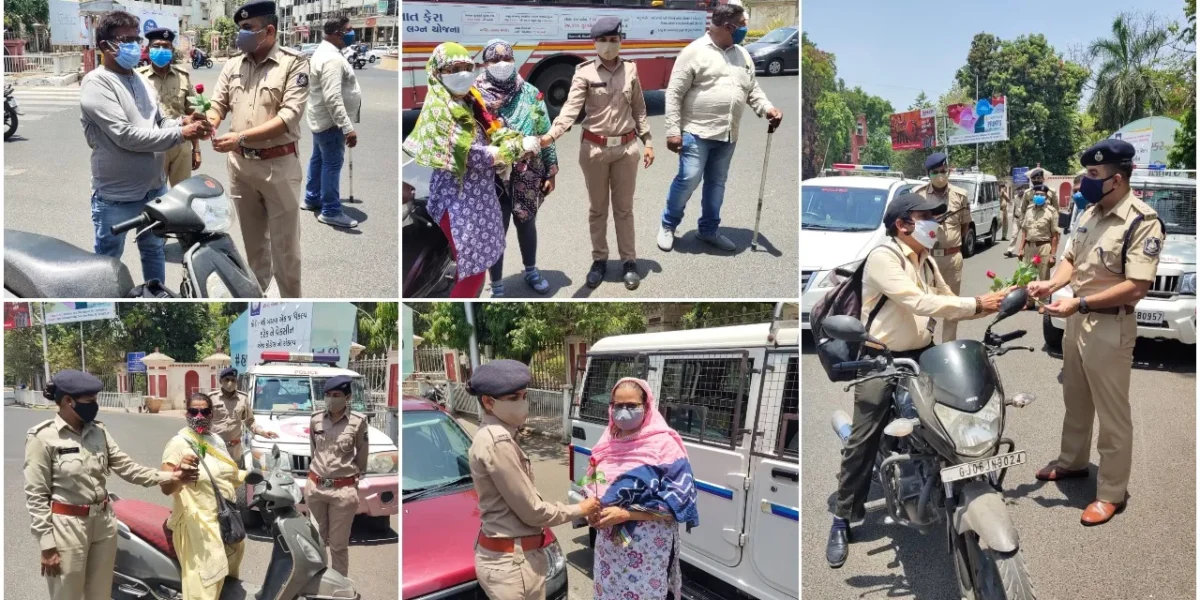 Vadodara police honoured people wearing double mask with a rose