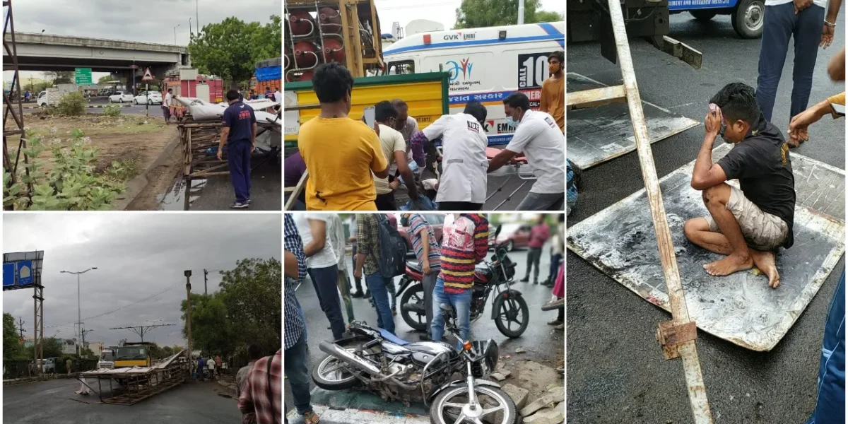 Father son injured after hoarding fell on them in Vadodara