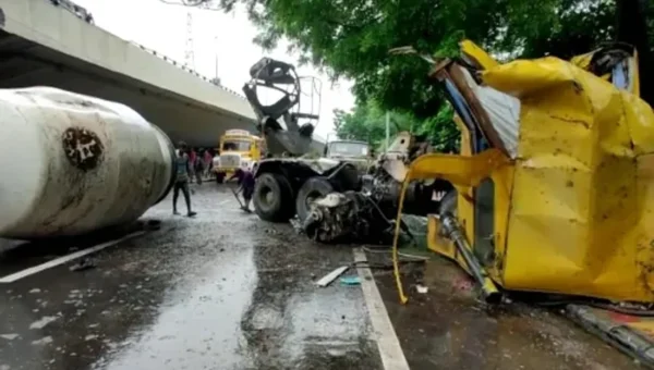 Concrete mixer truck fell down from overbridge in Vadodara