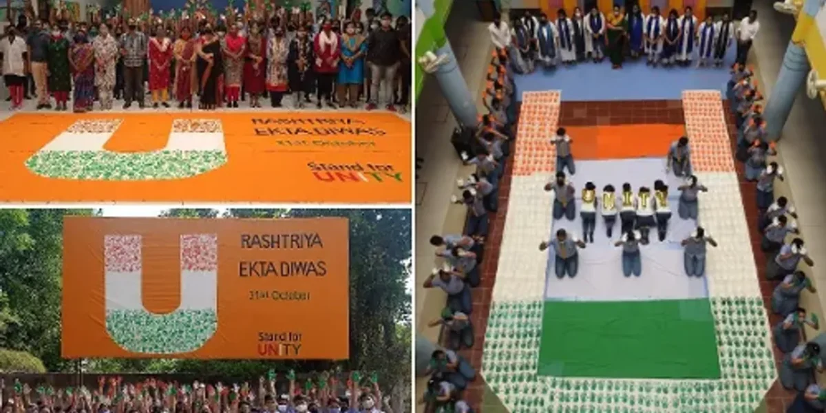 Podar World Schools students celebrate National Unity Day by making a huge cut-out with the message ‘U for Unity’
