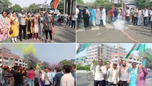 Vadodara Congress and Aam Aadmi Party celebrate the decision of withdrawal of farm laws