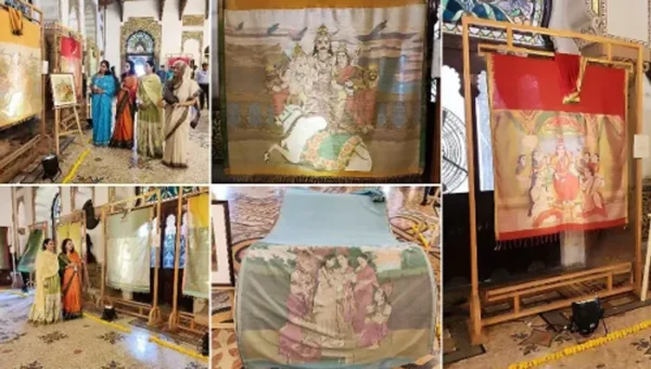 Exhibition of 34 paintings of Raja Ravi Varma on pallus of hand woven saris at Darbar Hall