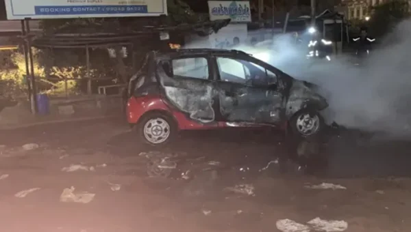 A couple and their son had a close shave after their car went on fire near Tarsali Bypass bridge
