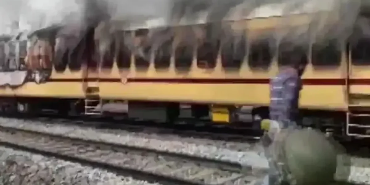 Railway Recruitment Board’s NTPC exam: Protesters set fire to a train’s coach in Gaya, Bihar.