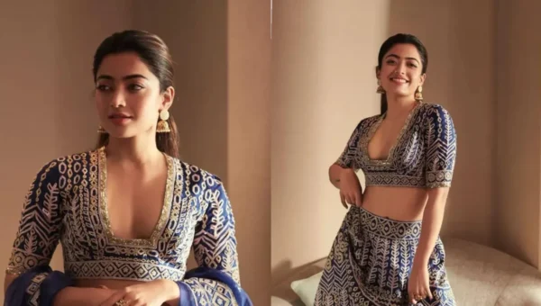 ‘Pushpa’ actress Rashmika Mandanna’s blue dori work lehenga with deep-neck blouse is a lovely combination