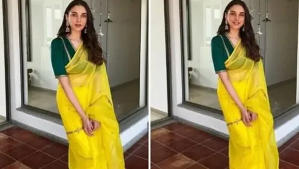 Aditi Rao Hydari is elegance personified in yellow organze saree, green blouse