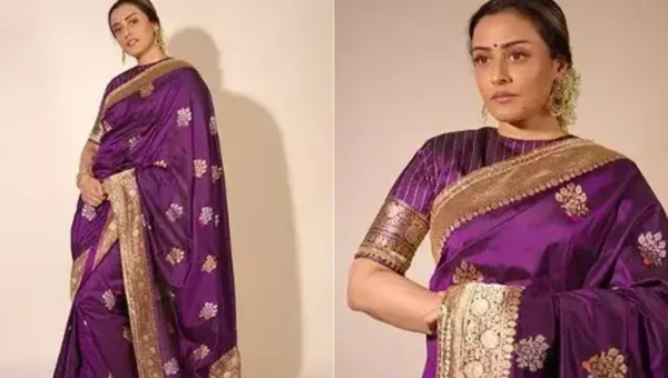 Namrata Shirodkar in a majestic purple Manish Malhotra silk saree