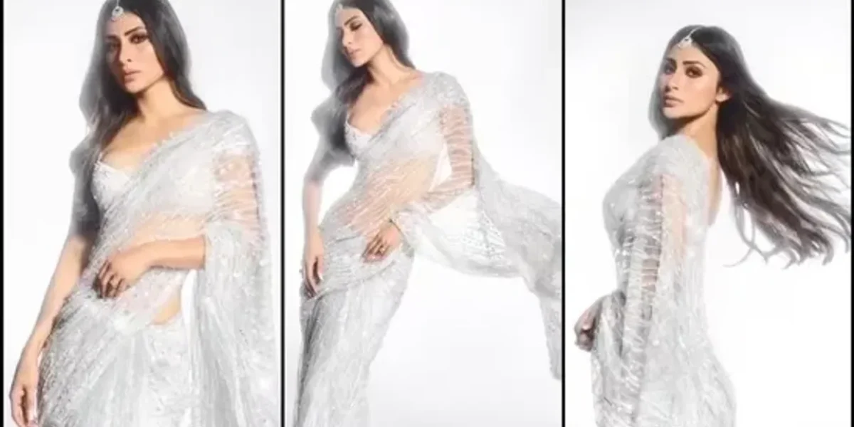 Mouni Roy dazzles in a shimmering silver sequin saree