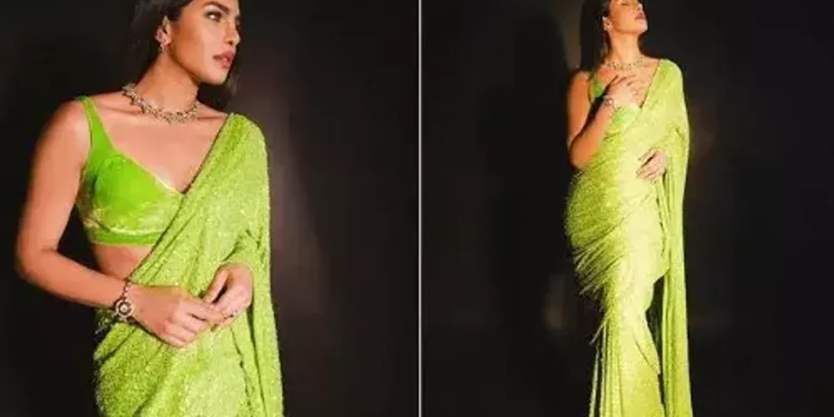 Priyanka Chopra in a bright green Sabyasachi saree