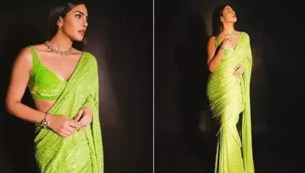 Priyanka Chopra in a bright green Sabyasachi saree
