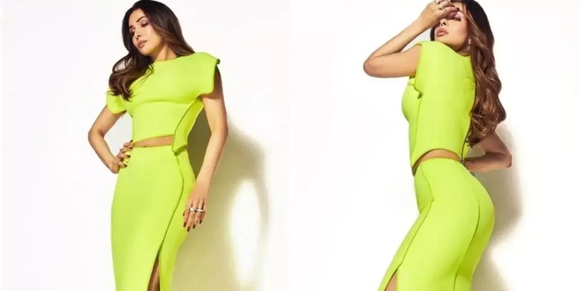 Malaika Arora looks stunning in neon green cropped blouse and skirt outfit