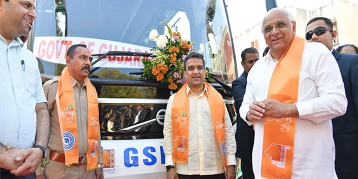 Gujarat CM flags off first Volvo bus for Maha Kumbh from Gandhinagar