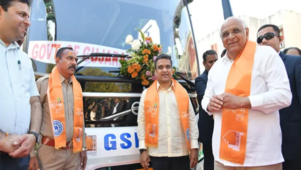 Gujarat CM flags off first Volvo bus for Maha Kumbh from Gandhinagar